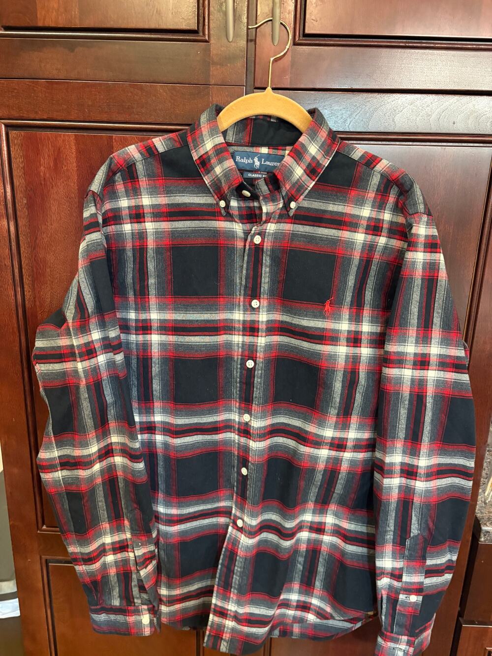 Ralph Lauren Mens Classic Fit Flannel Shirt Black/Red Plaid Cotton Size M